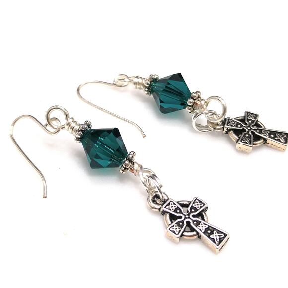 Women’s Cross Earrings, Wrapped Earrings, Green Swarovski Beads - Picture 1 of 7
